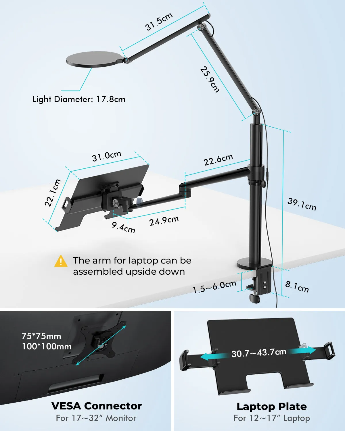 2 in 1 Monitor / Laptop Desk Mount with 7" LED Ring Light (OL-1LT)