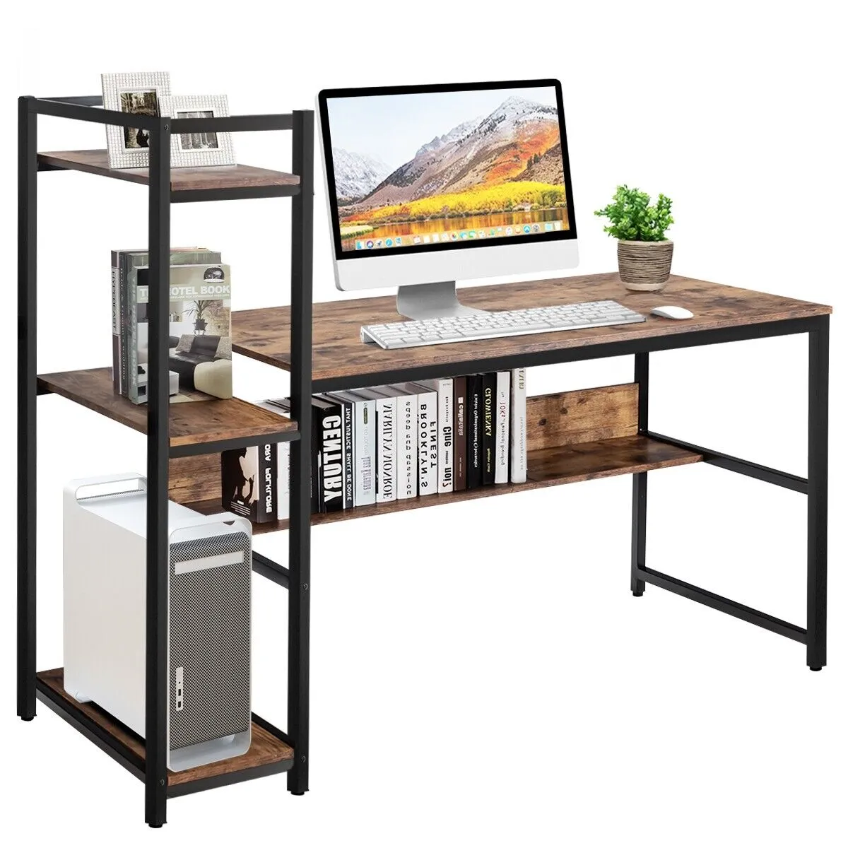 2-in-1 Workstation Computer Desk with 4 Tier Storage Shelves