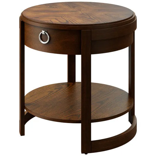 2-Tier Round Side End Table with Drawer