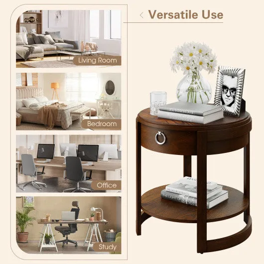 2-Tier Round Side End Table with Drawer