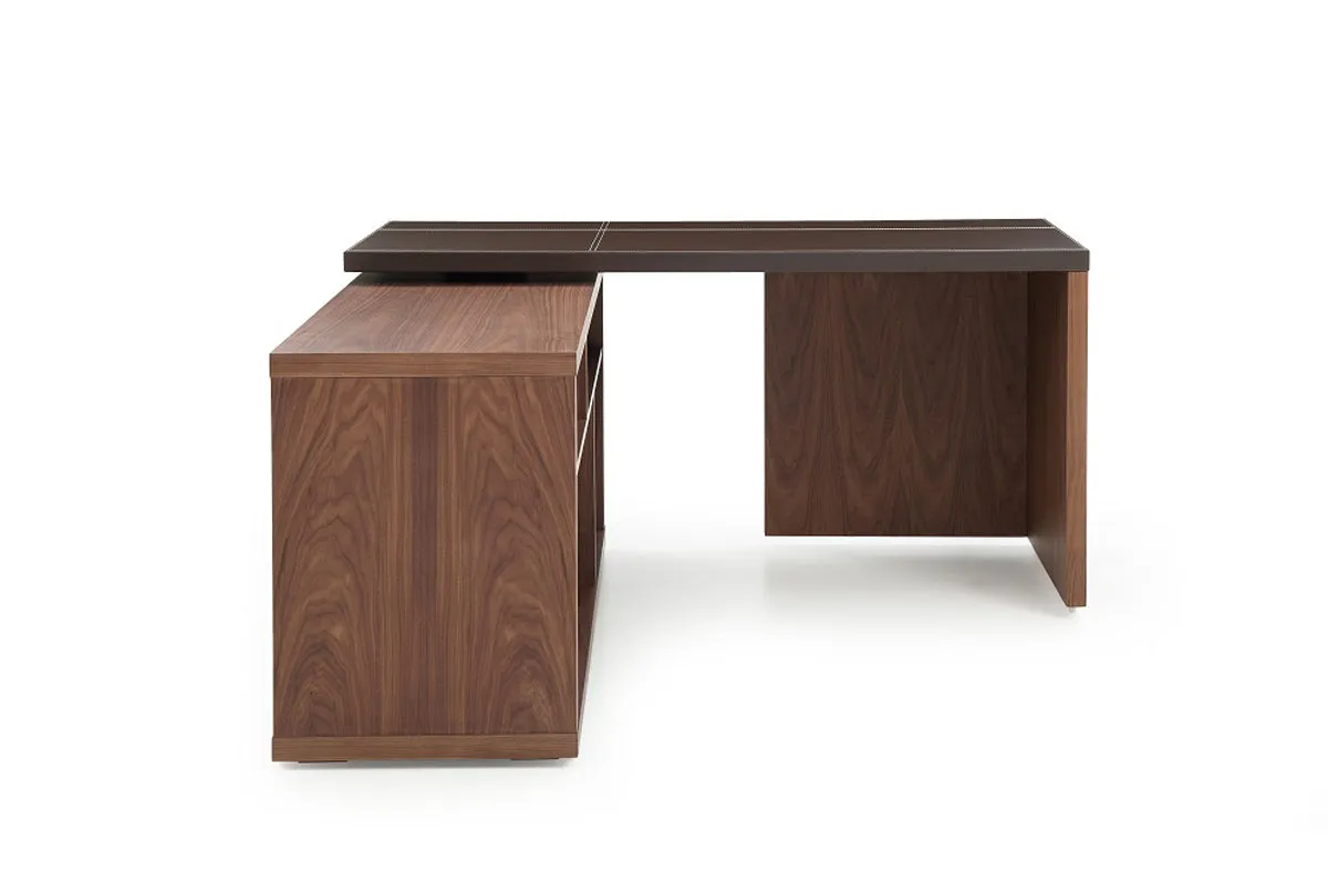 29" Walnut And Brown Veneer L Shaped Desk With A Leather Top