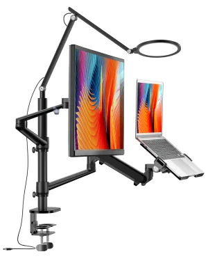 3 in 1 Monitor & Laptop Desk Mount with 7" LED Ring Light, Gas Spring Arm Height & Angle Adjustable (3LT-PRO)