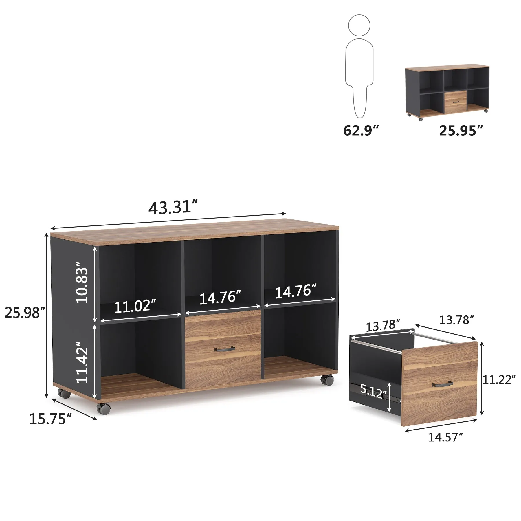 43" File Cabinet, Mobile Filing Storage Cabinet for Letter Size