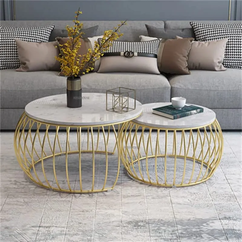 Aaliya Mart Modern Round Coffee Table Sets - Stacking Marble Nesting Table with Metal Frame & White Finish