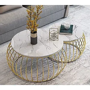 Aaliya Mart Modern Round Coffee Table Sets - Stacking Marble Nesting Table with Metal Frame & White Finish