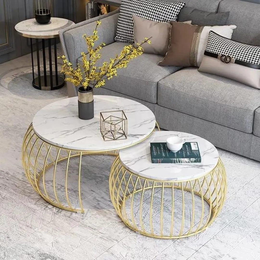 Aaliya Mart Modern Round Coffee Table Sets - Stacking Marble Nesting Table with Metal Frame & White Finish