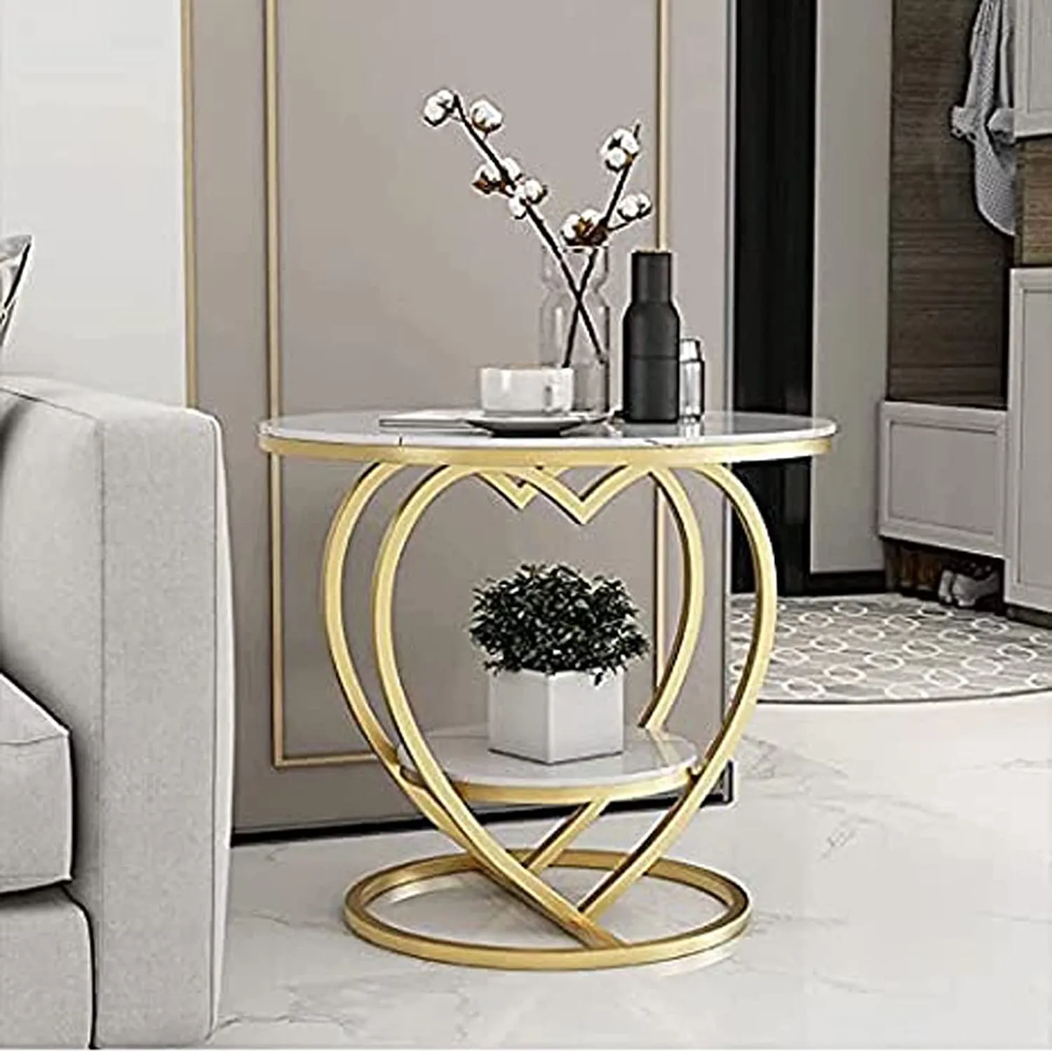 Al Hama Edeueque Decorative Accent Coffee Table Simple Modern Bedside Cabinet Round Table Wooden Top And Metal Frame Table Living Room Sofa Side Table. (White Top And Gold Frame)