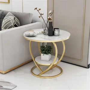 Al Hama Edeueque Decorative Accent Coffee Table Simple Modern Bedside Cabinet Round Table Wooden Top And Metal Frame Table Living Room Sofa Side Table. (White Top And Gold Frame)