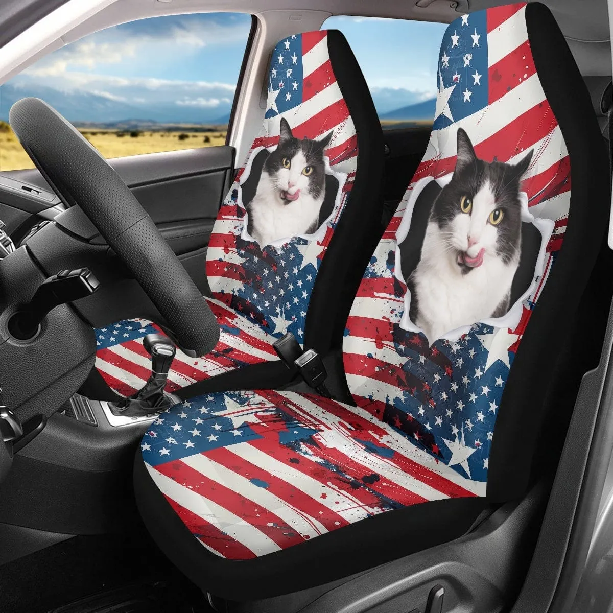 Custom Pet Face American Flag Family Car Seat Covers Universal Auto Waterproof Front Seat Protector (Set of 2)