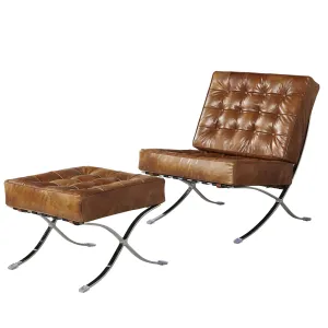 Francisco Modern Curule Style Chair and Ottoman Set - Brown Leather