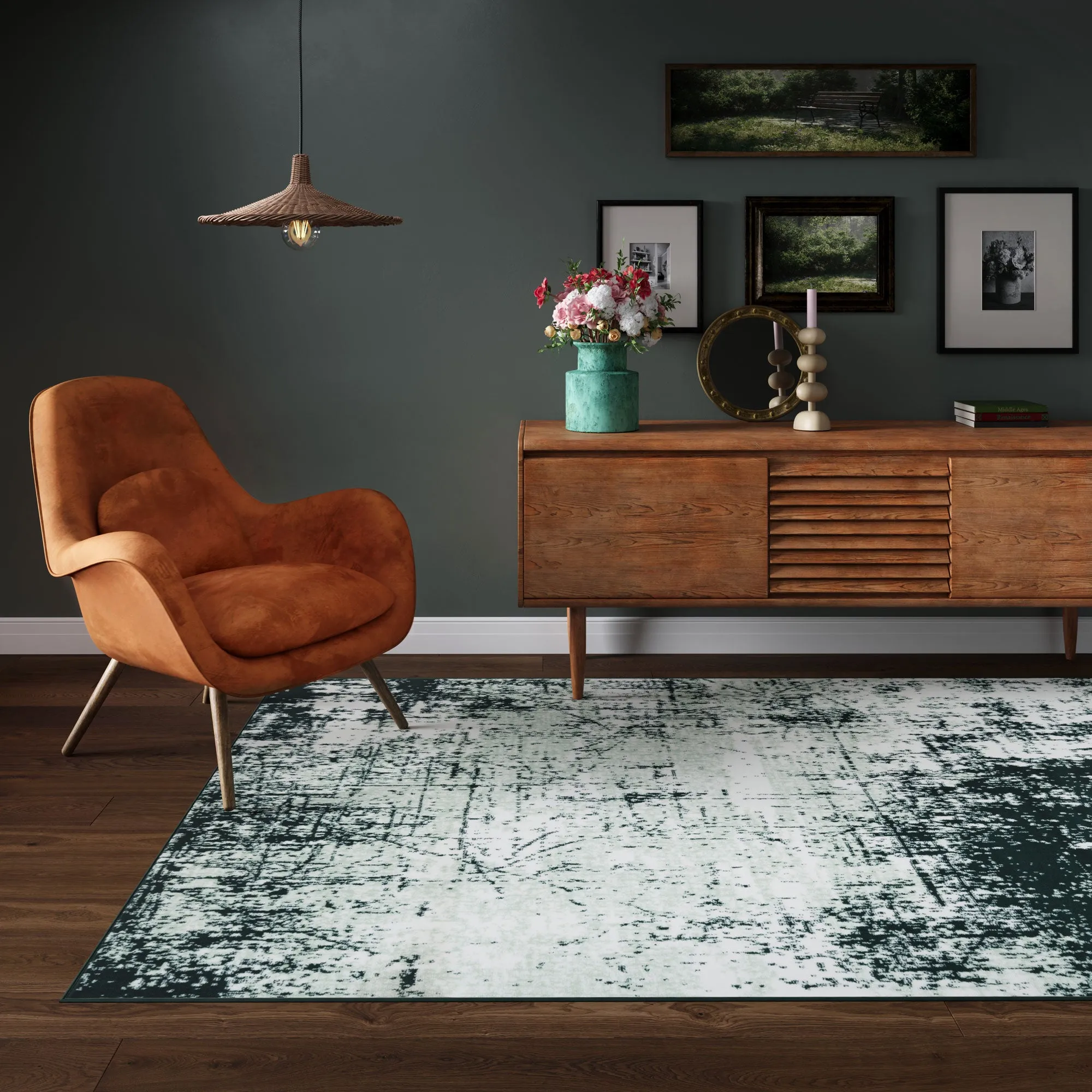 Green Distressed Living Room Rug