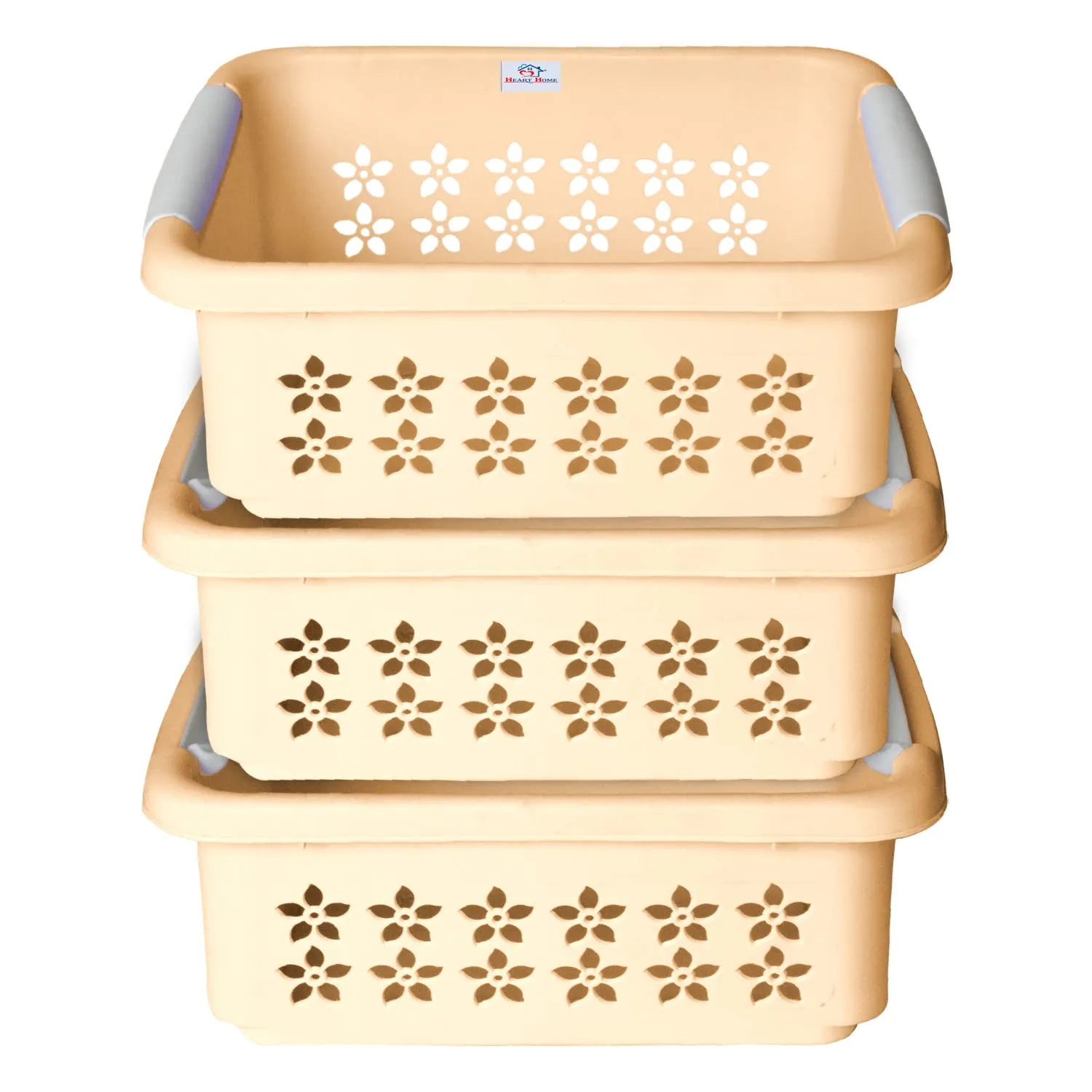 Heart Home Multipurpose Rectangle Shape Plastic Storage Basket for Kitchen, Fruit Basket, Office Table, Storage Organizer Large Pack of 3 (Beige)