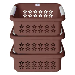 Heart Home Multipurpose Rectangle Shape Plastic Storage Basket for Kitchen, Fruit Basket, Office Table, Storage Organizer Large Pack of 3 (Brown)