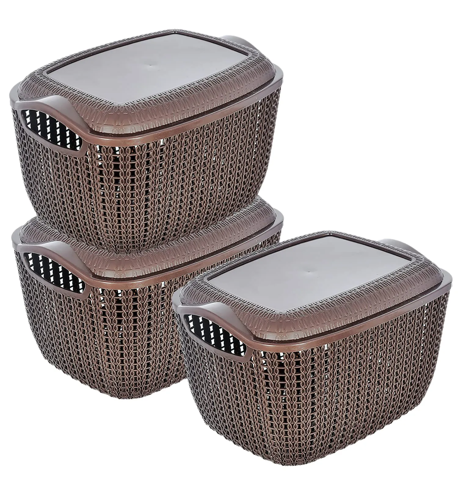 Heart Home Multiuses Large M 30 Plastic Basket/Organizer With Lid- Pack of 2 (Brown) -46HH07