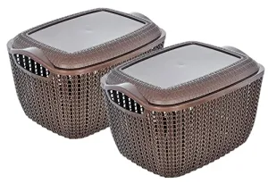 Heart Home Multiuses Small M 25 Plastic Basket/Organizer With Lid- Pack of 2 (Brown) -46HH037