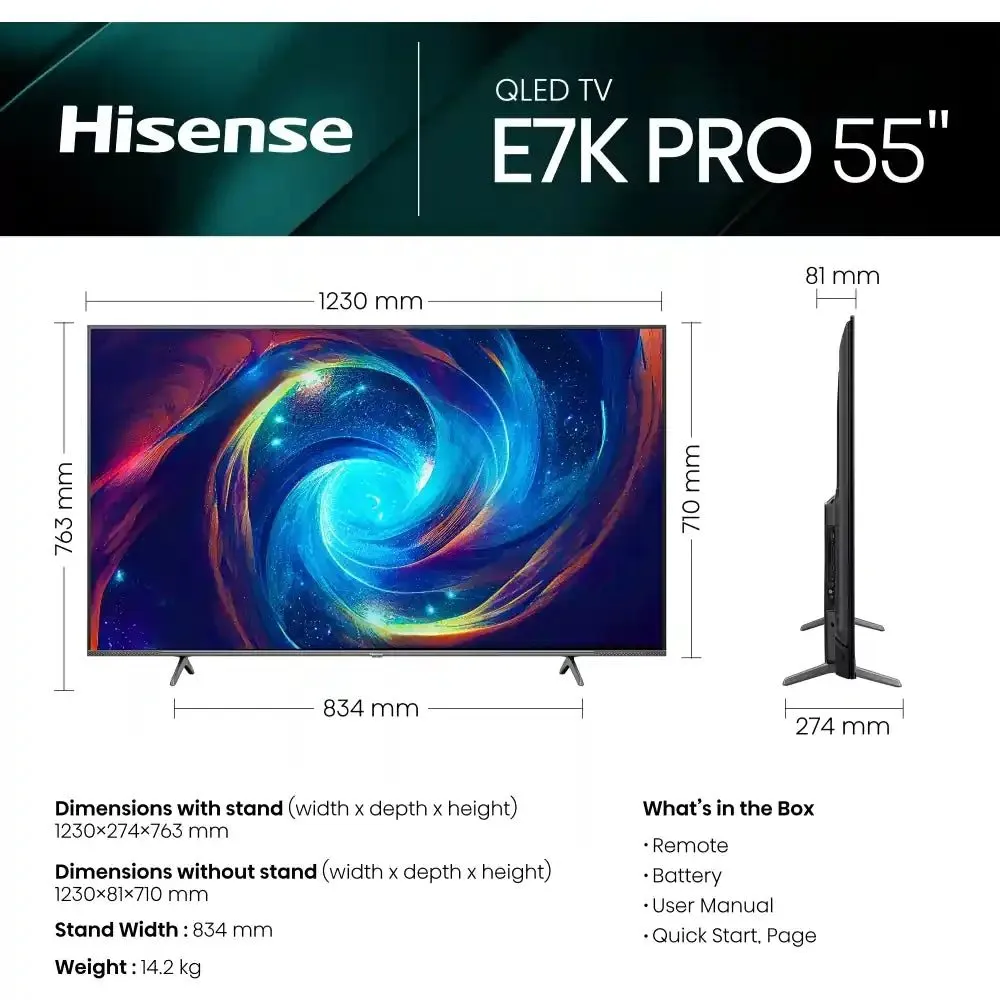 Hisense 55E7KQTUK-PRO 55" QLED 4K Ultra HD Smart TV - Black