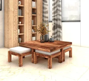 Joseph Solid Wood Coffee Table Centre Table With 4 Seating Stool For Living Room.