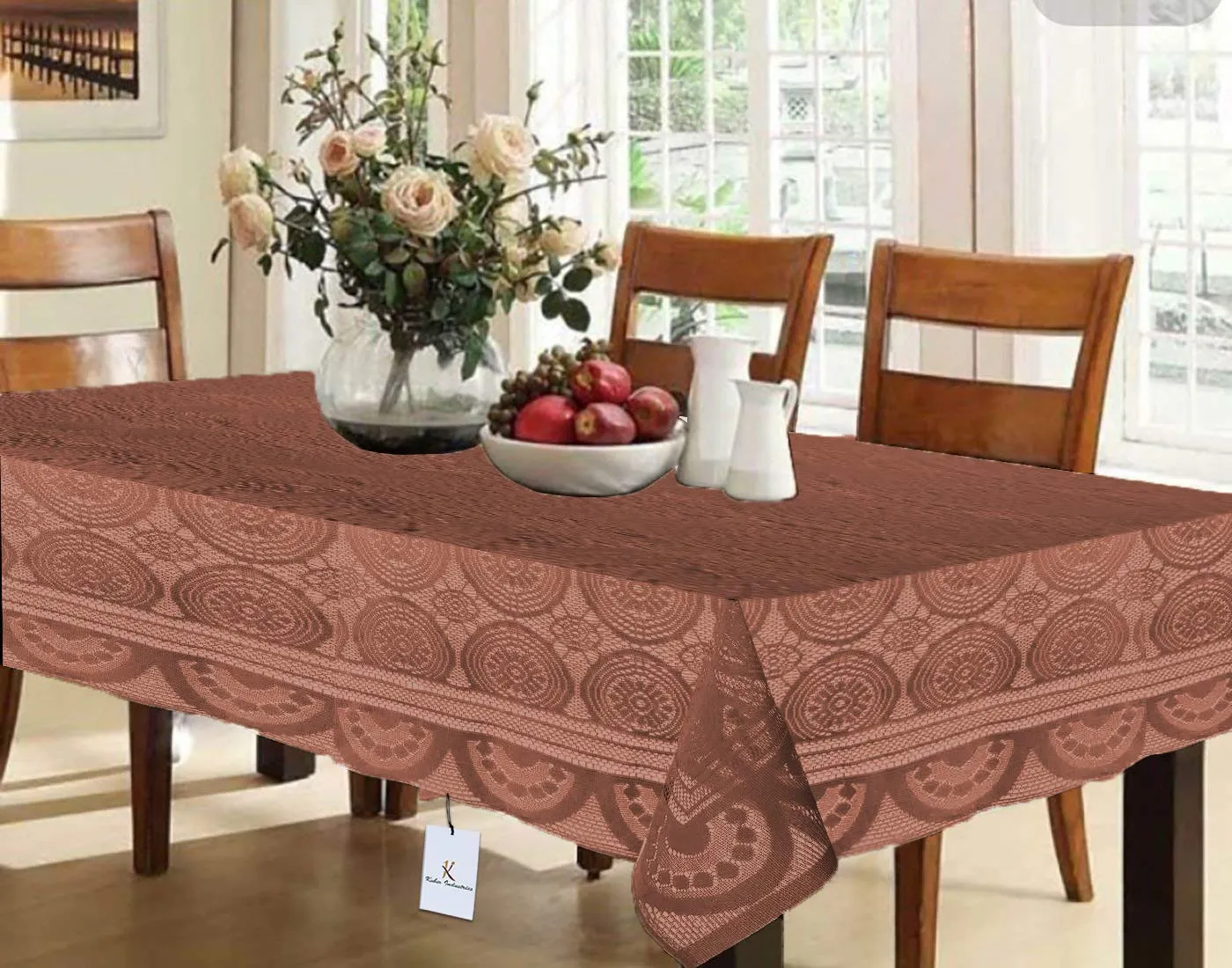 Kuber Industries Circle Design Cotton 6 Seater Dining Table Cover (Brown, CTKTC32649)