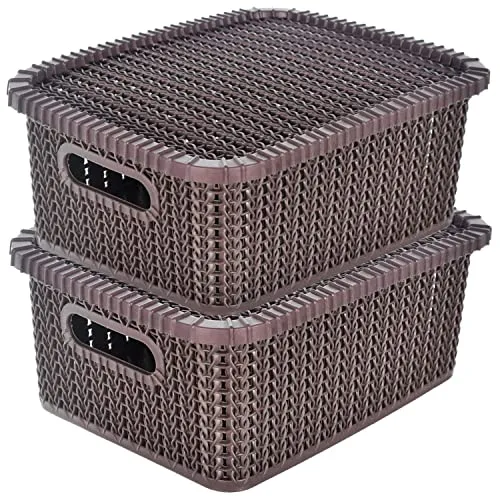 Kuber Industries Multiuses Large M 20 Plastic Basket/Organizer With Lid- Pack of 2 (Brown) -46KM063