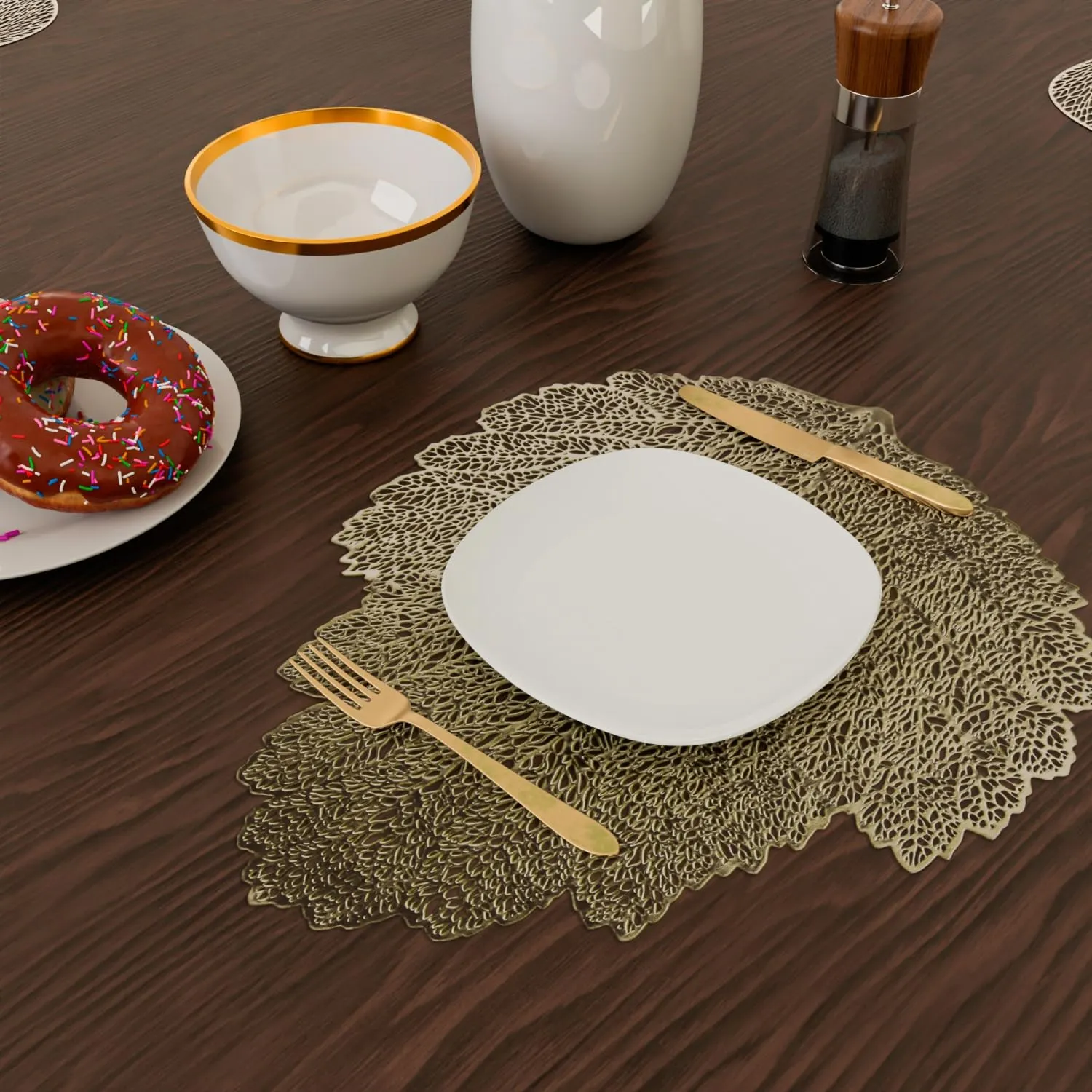 Kuber Industries Placemat | Placemats for Dining Room | Designer Table Mat Set | Placemats for Kitchen Table | Side Table Placemats | Patta Shape Placemat | 6 Piece Set | Golden