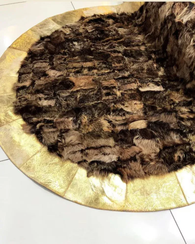 Luxury Brown Gold Natural Sheepskin Round Rug, Handmade Fluffy Soft Rug