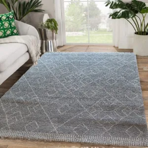 Marjan-Diamond/Rhombus Pattern Geometric Thick Soft Shaggy Rug (Grey/Cream, 120x170cm)