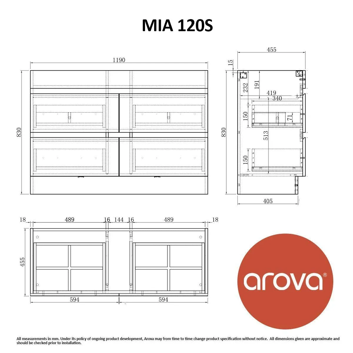 Mia 1200mm Floor Standing Bathroom Vanity - Single Bowl