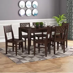 MN ART PALACE Sheesham Wood CNC 6 Seater Dining Table 6 Chairs Without Cushion | Wooden Dining Room Set Dinner Table Furniture for Living Room Home Hotels - Walnut Finish