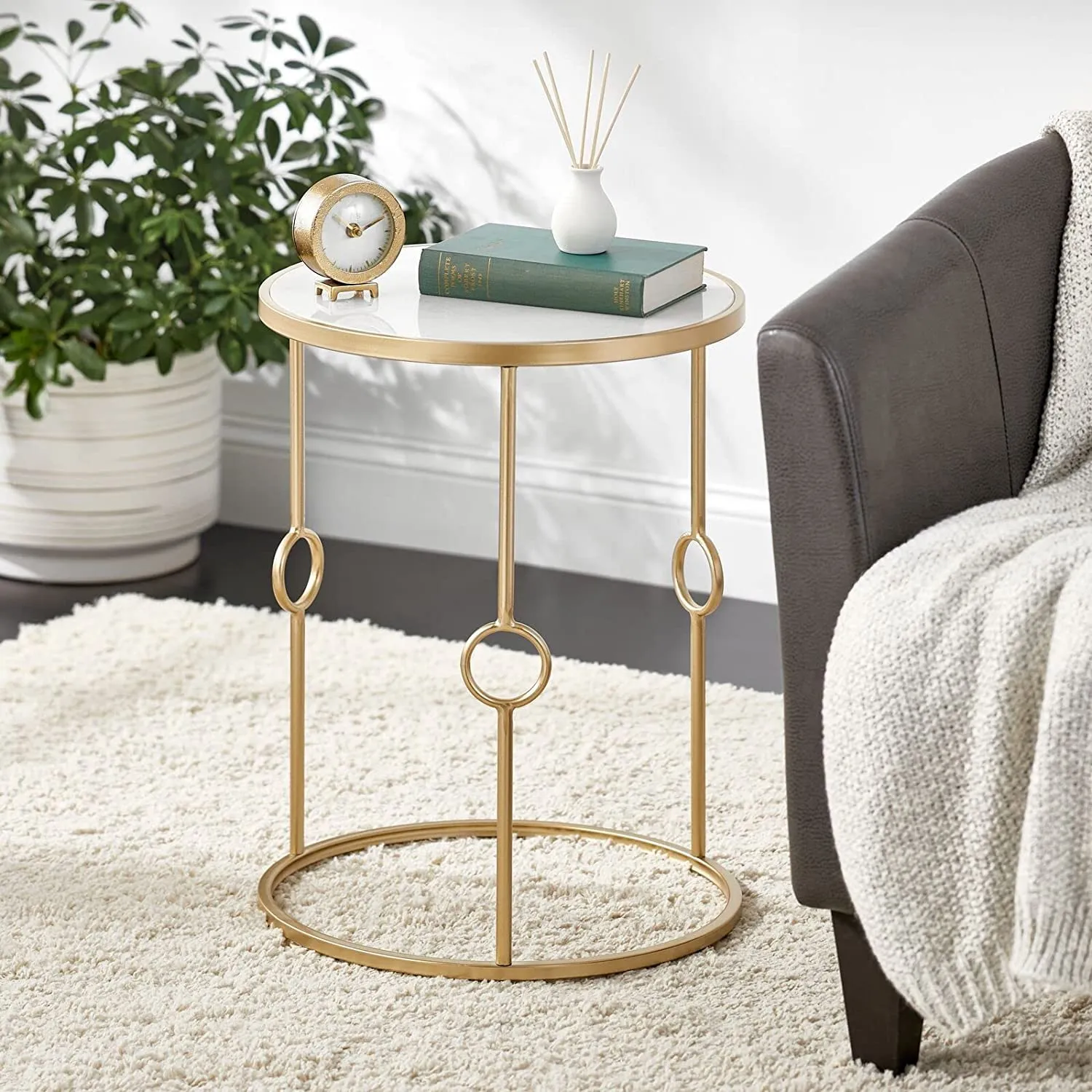 New Mark Impex Round Metal Side/End Table with Decorative Legs, in-Lay Top, Home Decor Marble Table for Living Room, Bedroom,