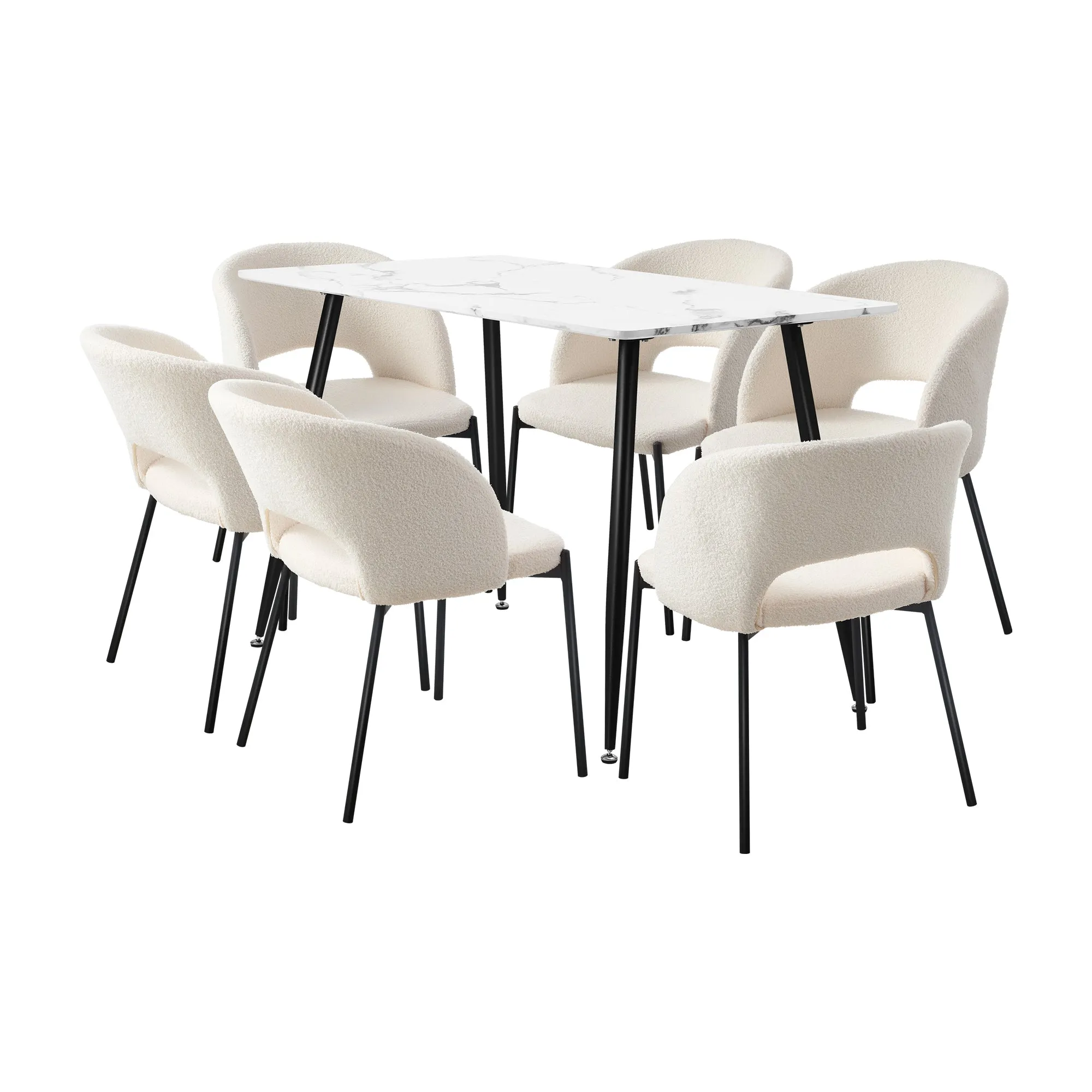 Oikiture 120cm Rectangle Dining Table with 6PCS Dining Chairs Sherpa White