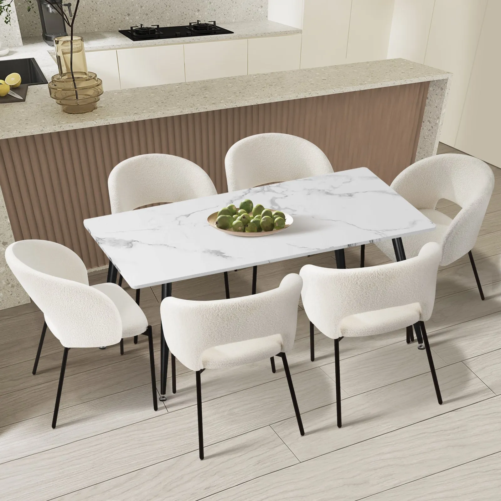 Oikiture 120cm Rectangle Dining Table with 6PCS Dining Chairs Sherpa White