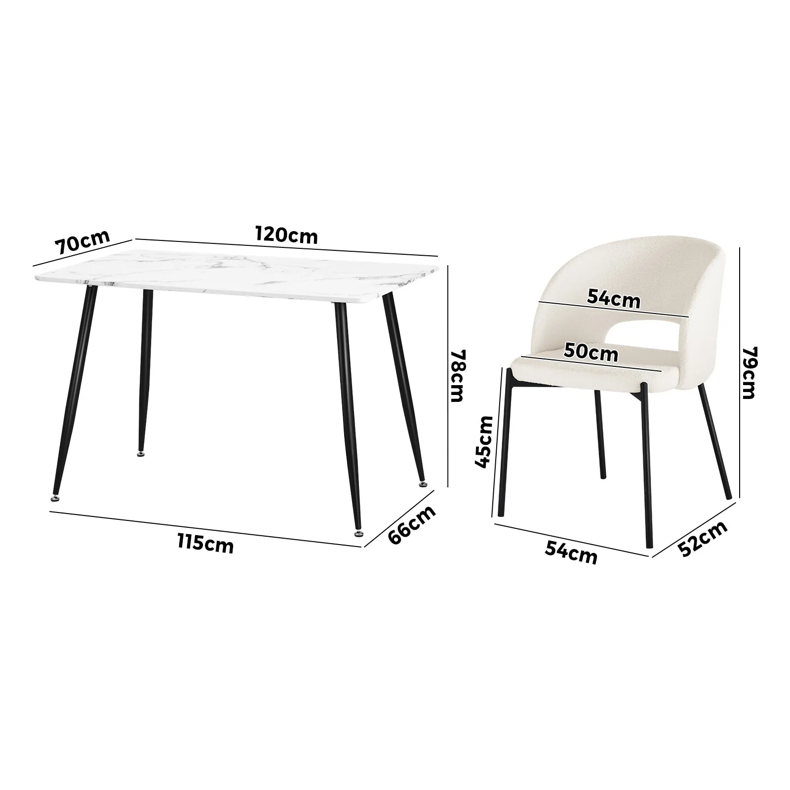 Oikiture 120cm Rectangle Dining Table with 6PCS Dining Chairs Sherpa White