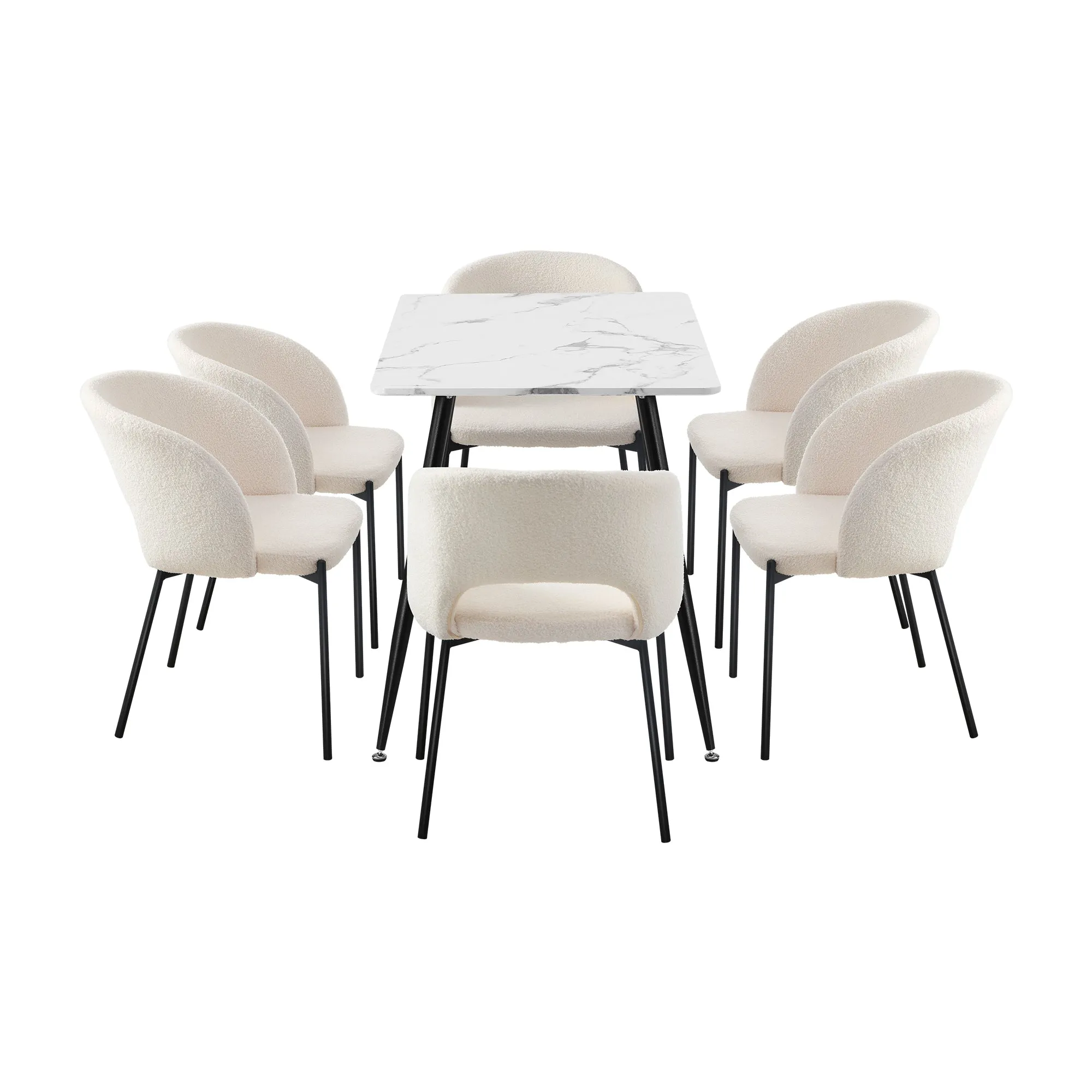 Oikiture 120cm Rectangle Dining Table with 6PCS Dining Chairs Sherpa White