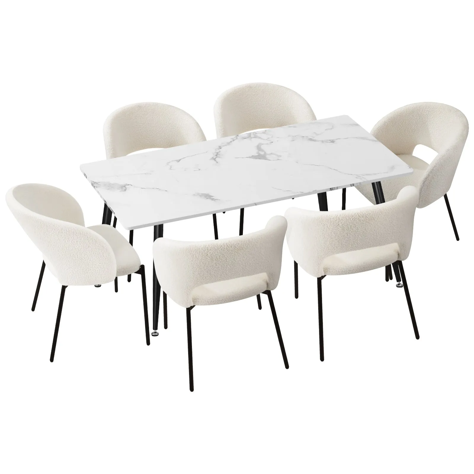 Oikiture 120cm Rectangle Dining Table with 6PCS Dining Chairs Sherpa White