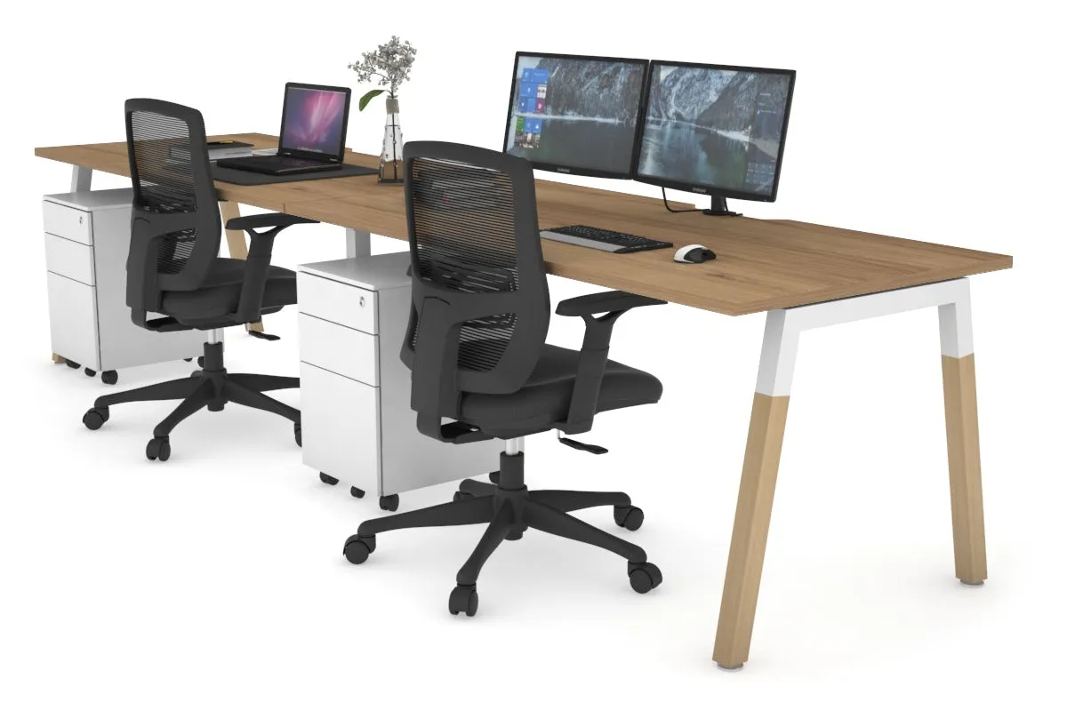 Quadro A Legs 2 Person Run Office Workstation - Wood Legs Cross Beam [1600L x  800W with Cable Scallop]