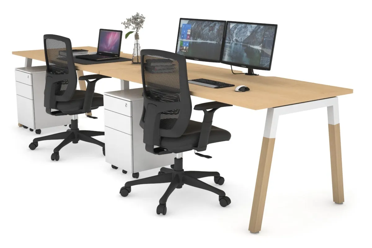 Quadro A Legs 2 Person Run Office Workstation - Wood Legs Cross Beam [1600L x  800W with Cable Scallop]