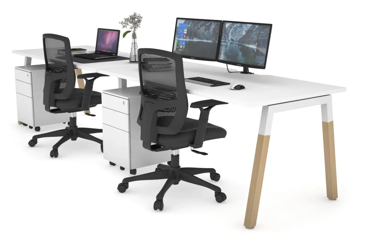 Quadro A Legs 2 Person Run Office Workstation - Wood Legs Cross Beam [1600L x  800W with Cable Scallop]