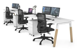 Quadro A Legs 3 Person Run Office Workstation - Wood Legs Cross Beam [1600L x 800W with Cable Scallop]