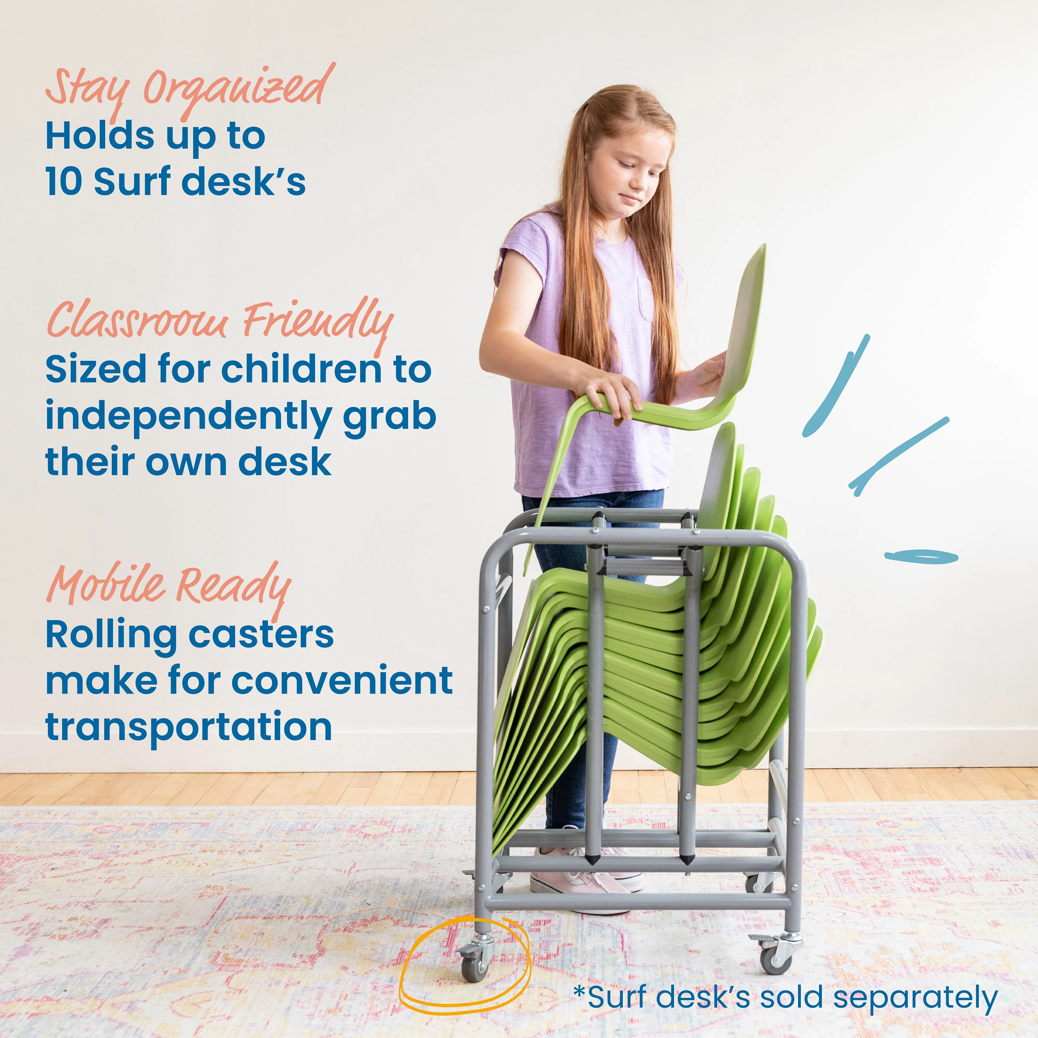 The Surf Storage Rack, Stores 10 Portable Lap Desks, Cart with Rolling and Locking Casters