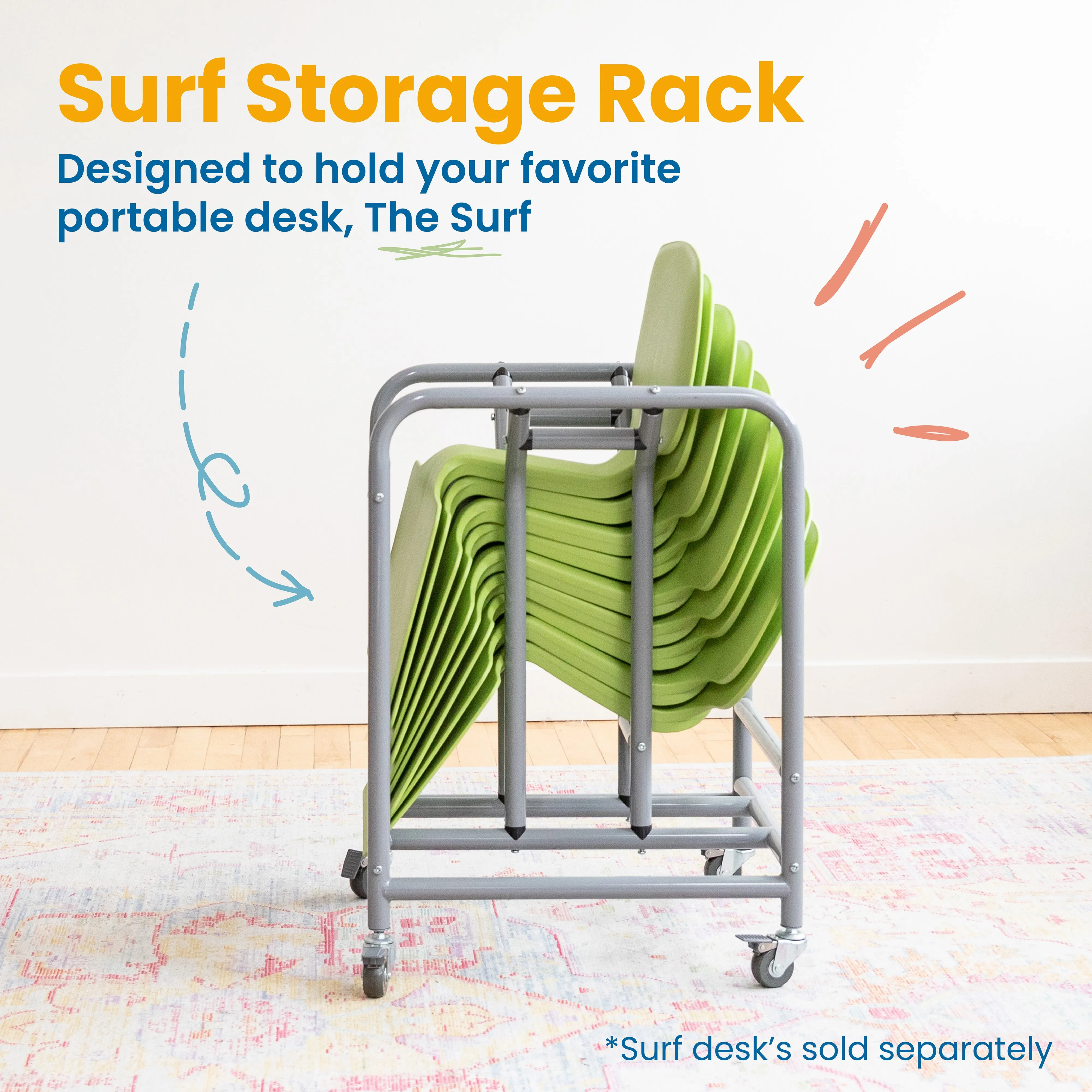 The Surf Storage Rack, Stores 10 Portable Lap Desks, Cart with Rolling and Locking Casters