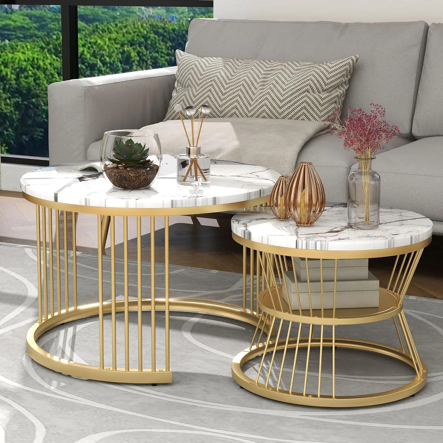 Zareen Mart Stacking Center Tables with Iron Frame and Laminated Round Coffee Table, Perfect for Living Rooms, bedrooms, or Apartments (Multicolor) (Gold White)