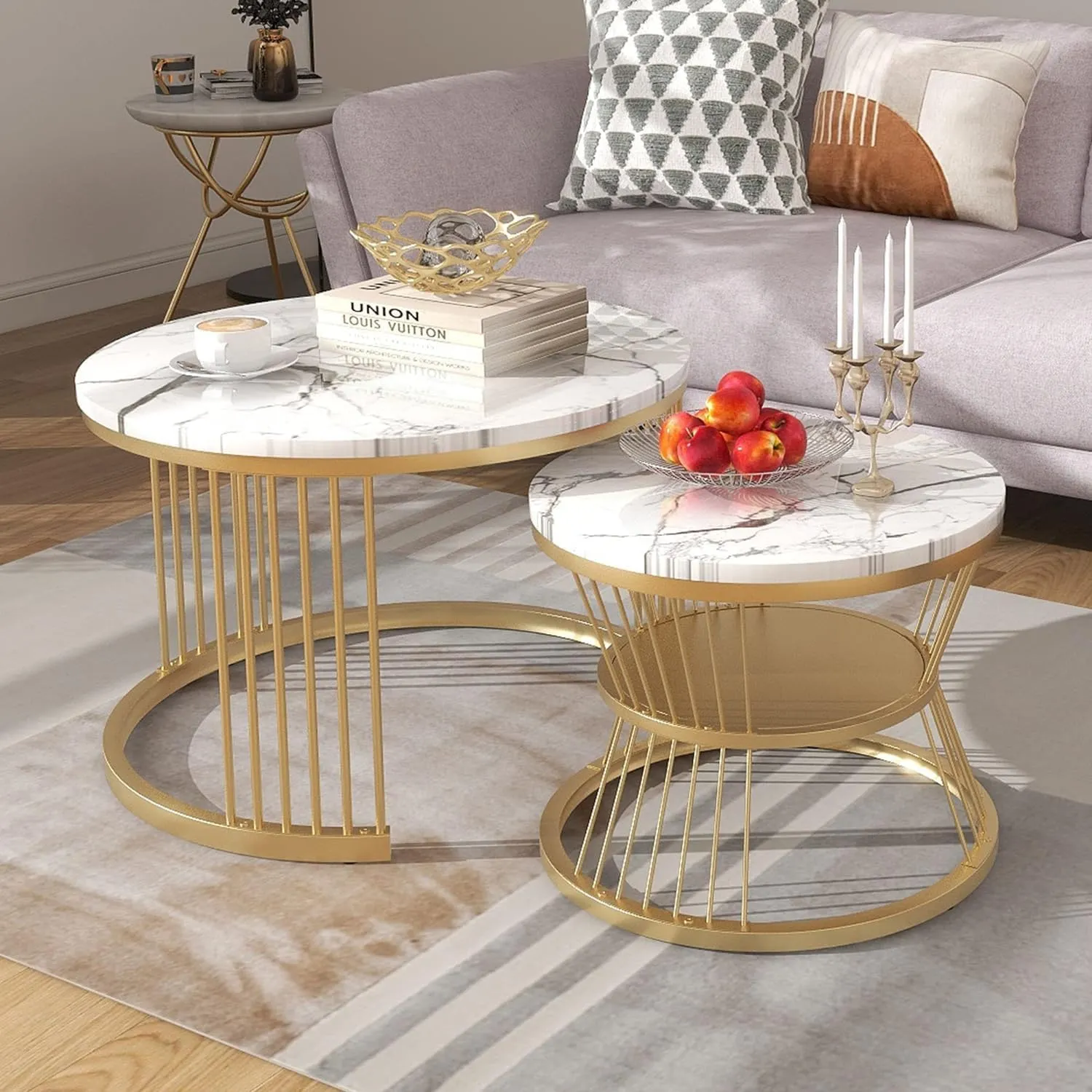 Zareen Mart Stacking Center Tables with Iron Frame and Laminated Round Coffee Table, Perfect for Living Rooms, bedrooms, or Apartments (Multicolor) (Gold White)