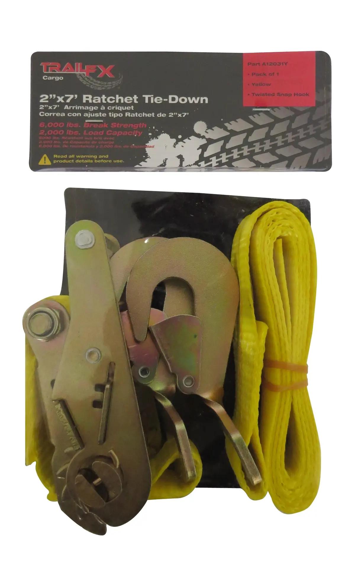 Auto Tie Down 7 Ft X 2 2000 Lb Load 6000 Lb Break Cap W/Ratchet Yel Sgl 1