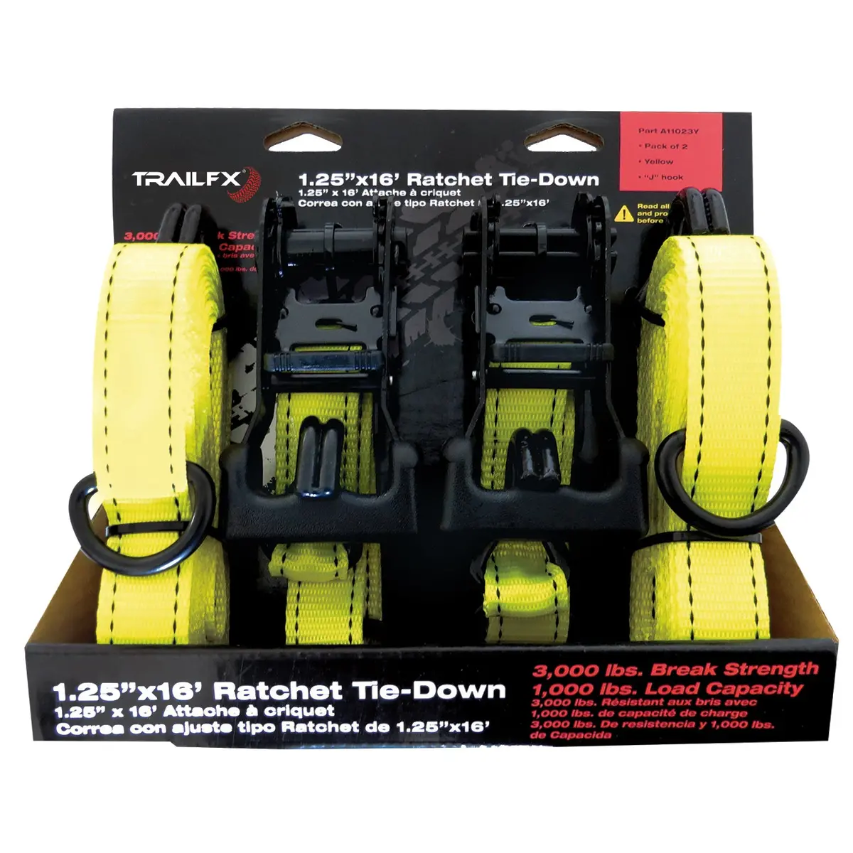 Cargo Tie Down 16 Ft X 1.25 1000 Lb Load 3000 Lb Break Cap W/Ratchet Yel Pack 2 1