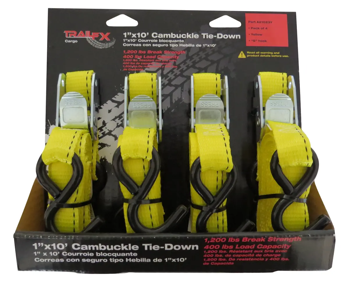 Cargo Tie Down 10 Ft X 1 400 Lb Load 1200 Lb Break Cap W/Cam Buckl Yellow Pk 4 1
