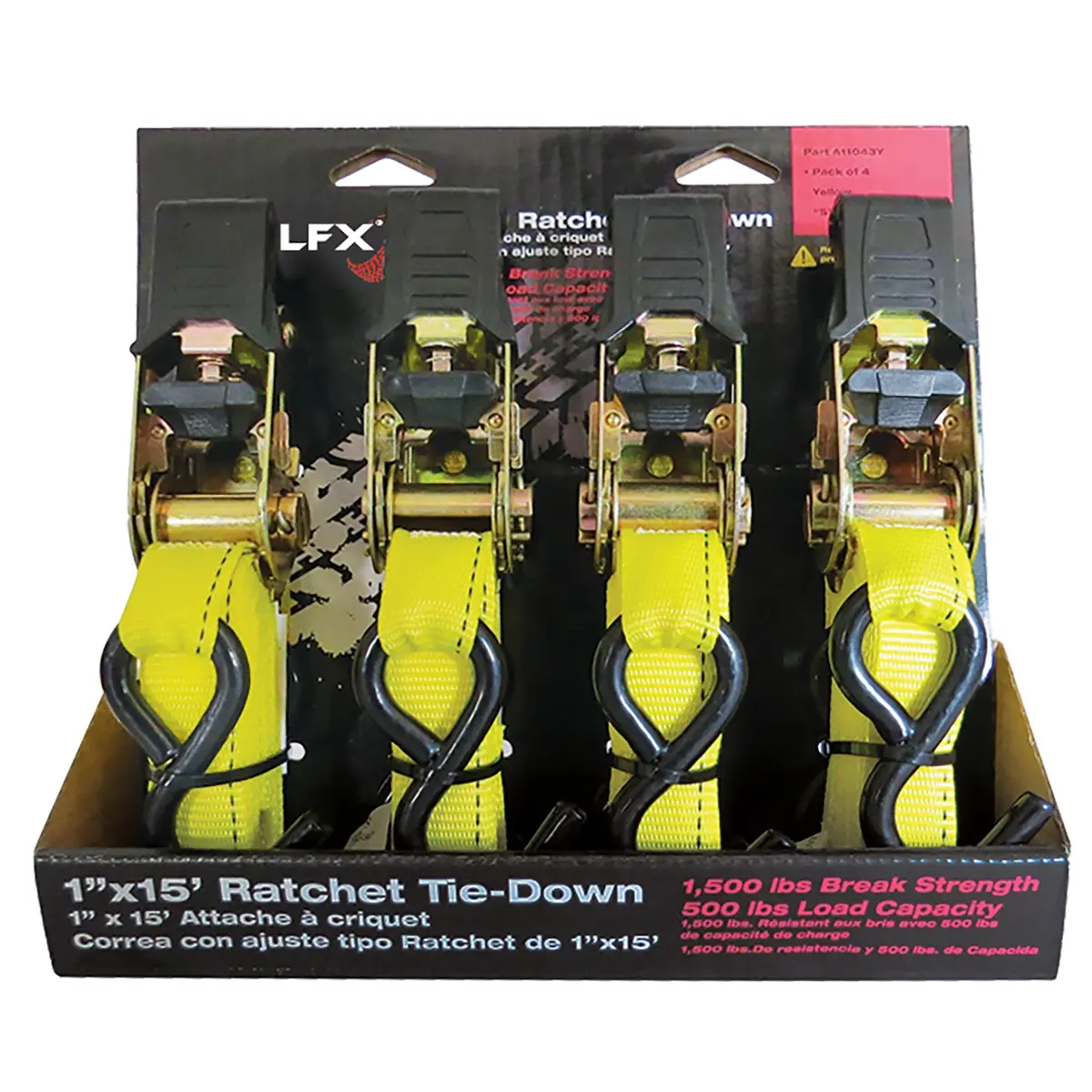Cargo Tie Down 15 Ft X 1 500 Lb Load 1500 Lb Break Cap W/Ratchet Yel Pack 4 1