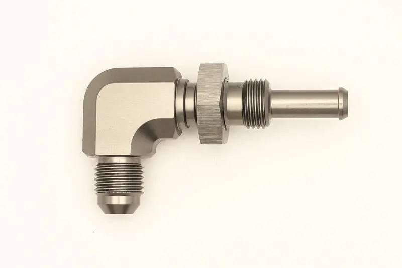 Deatschwerks 6An Male Flare To 5/16In. Male Barb Bulkhead Adapter 90-Degree (Incl. Nut) 1