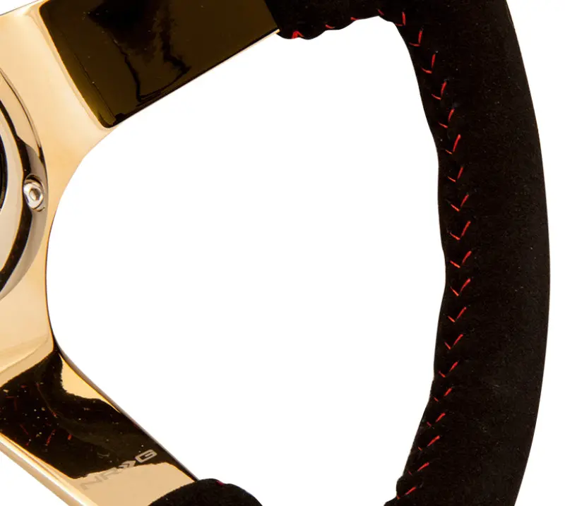 Nrg Reinforced Steering Wheel (350Mm / 3In. Deep) Blk Suede W/Red Bball Stitch & Chrome Gold 3-Spoke 1